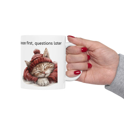 Cat Mug for Cat Lovers / Snooze first, questions later / Cute Cat Napping