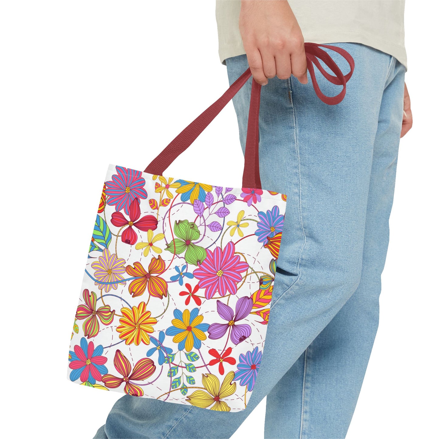 Bright Floral Tote Bag for Women | Colorful Spring Bag with Red Handles | Flower Lover Gift