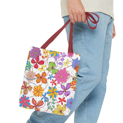 Bright Floral Tote Bag for Women | Colorful Spring Bag with Red Handles | Flower Lover Gift