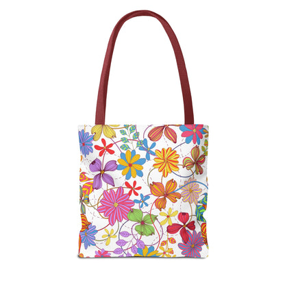 Bright Floral Tote Bag for Women | Colorful Spring Bag with Red Handles | Flower Lover Gift