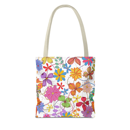 Bright Floral Tote Bag for Women | Colorful Spring Bag with Red Handles | Flower Lover Gift