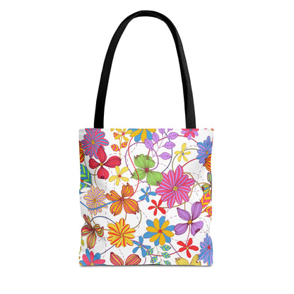 Bright Floral Tote Bag for Women | Colorful Spring Bag with Red Handles | Flower Lover Gift
