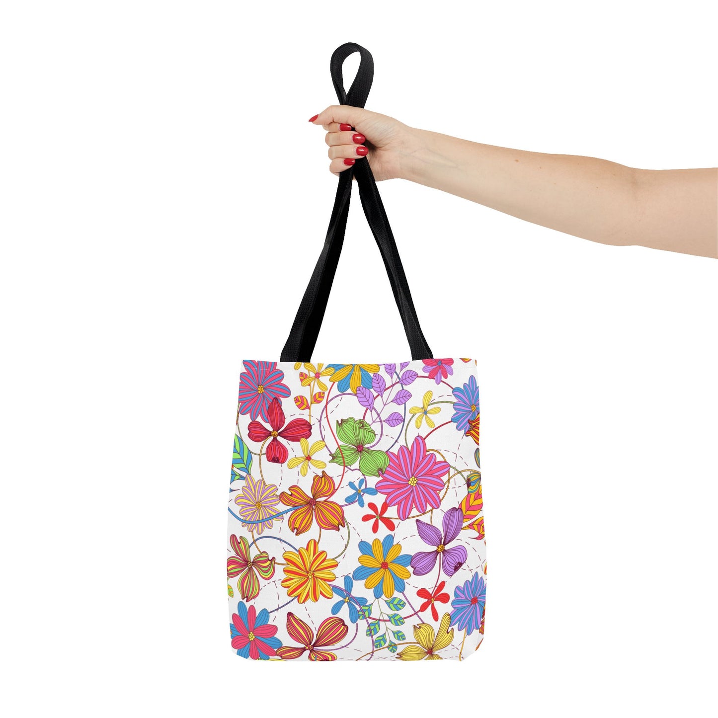 Bright Floral Tote Bag for Women | Colorful Spring Bag with Red Handles | Flower Lover Gift