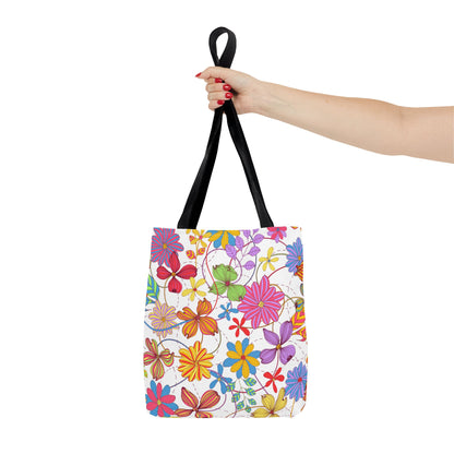 Bright Floral Tote Bag for Women | Colorful Spring Bag with Red Handles | Flower Lover Gift