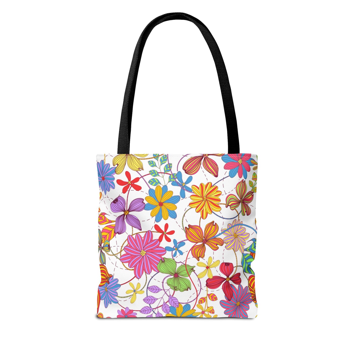 Bright Floral Tote Bag for Women | Colorful Spring Bag with Red Handles | Flower Lover Gift