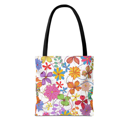 Bright Floral Tote Bag for Women | Colorful Spring Bag with Red Handles | Flower Lover Gift