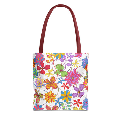 Bright Floral Tote Bag for Women | Colorful Spring Bag with Red Handles | Flower Lover Gift