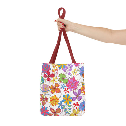 Bright Floral Tote Bag for Women | Colorful Spring Bag with Red Handles | Flower Lover Gift