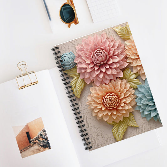Flower Journal - 3D Delicate Pastel Design - Ruled Line Spiral Notebook