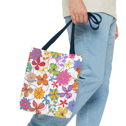 Bright Floral Tote Bag for Women | Colorful Spring Bag with Red Handles | Flower Lover Gift