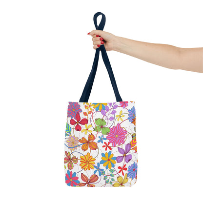 Bright Floral Tote Bag for Women | Colorful Spring Bag with Red Handles | Flower Lover Gift