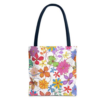 Bright Floral Tote Bag for Women | Colorful Spring Bag with Red Handles | Flower Lover Gift