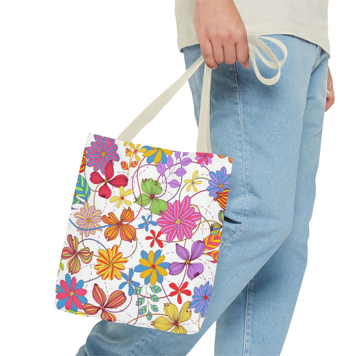Bright Floral Tote Bag for Women | Colorful Spring Bag with Red Handles | Flower Lover Gift