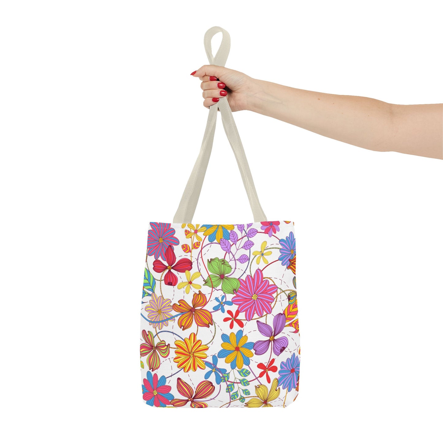 Bright Floral Tote Bag for Women | Colorful Spring Bag with Red Handles | Flower Lover Gift