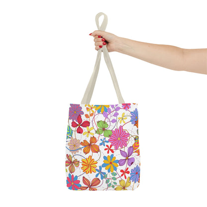Bright Floral Tote Bag for Women | Colorful Spring Bag with Red Handles | Flower Lover Gift